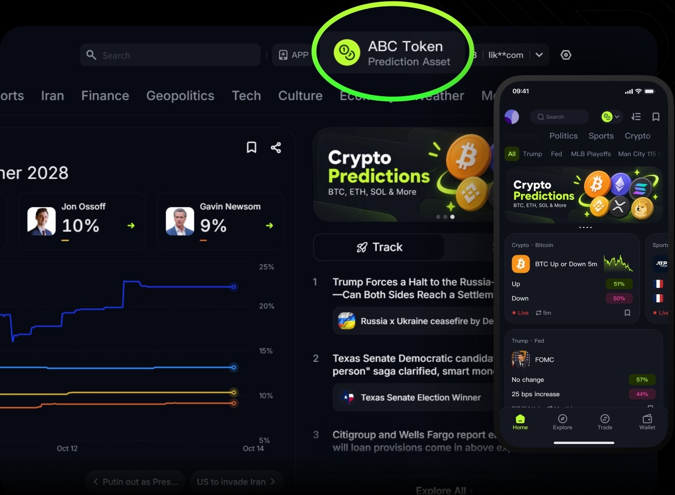 PolyWin prediction market with the ABC Token prediction asset selected